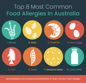 8 most common food allergies in Australia food safety poster. Wheat, nuts, shellfish, hen's eggs, fish, soya, sesame seeds, cow's milk 
